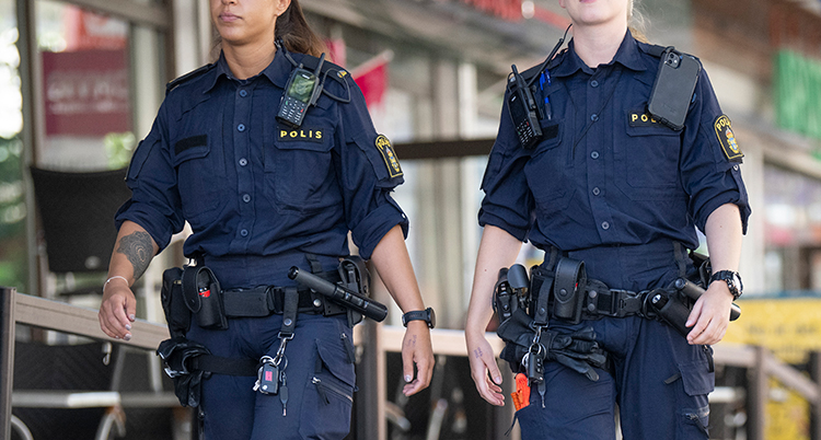 De går längs en gata. De har polisernas uniform.