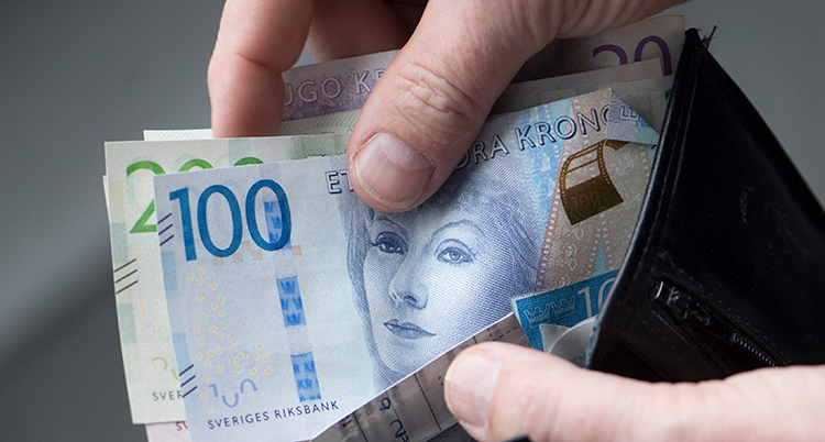 En hand tar ut sedlar i en plånbok.