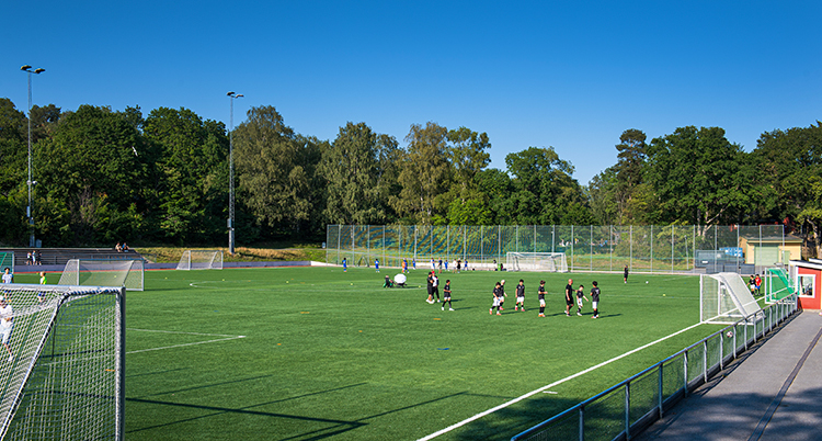 Barn spelar fotboll på en grön plan.