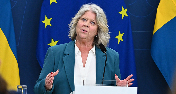 Hon pratar på ett möte med journalister. Bakom henne syns EUs och Sveriges flaggor.