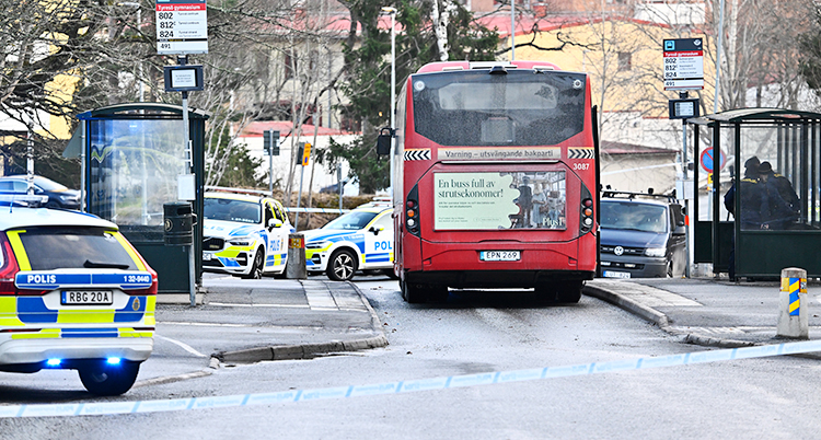 En buss står stilla vid en busshållplats. Runt bussen står polisbilar.