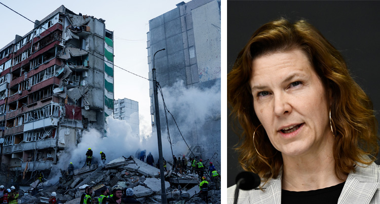 Ett hus som har bombats och en nära bild på ministern.