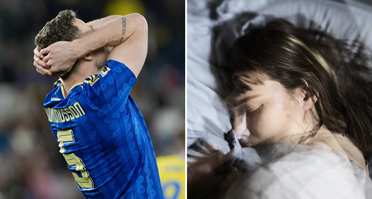 Två bilder. Till vänster en fotbollsspelare. Till höger en kvinna i en säng.