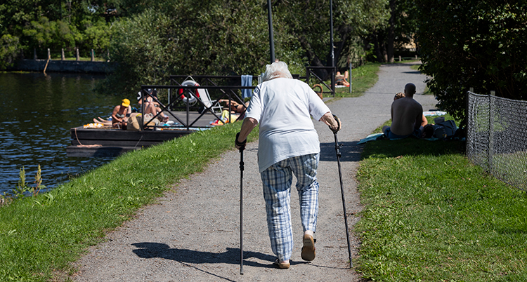En gammal kvinna går med stavar längs en väg. Det är sommar.