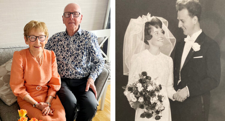Två bilder. 1. De sitter bredvid varandra på en soffa, de är glada. 2. En svartvit bild när de är ett brudpar. Hon har vit klänning. Han har frack. De är glada.