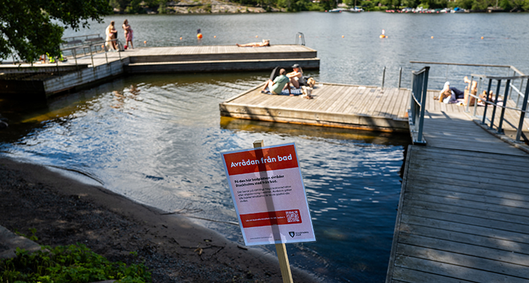 En badplats med folk på bryggor. På stranden står en skylt på en pinne.