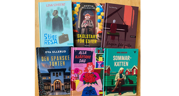 Sex böcker erlägger bredvid varandra.