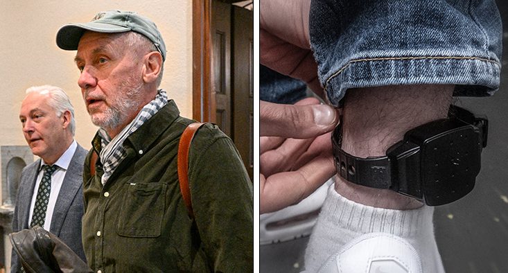Två olika bilder. Till vänster är Håkan Nesser vid i en korridor i domstolen. Han har keps och jacka. Till höger är en bild på en fot och en boja som sitter runt smalbenet. Bojan ser ut som en stor svart klocka.