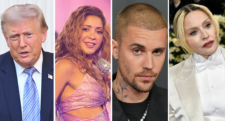 Fyra bilder bredvid varandra, Donald Trump, Shakira, Justin Bieber och Madonna.