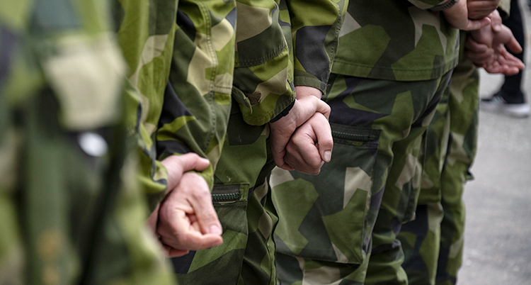 Ryggarna på några militärer i gröna kläder.