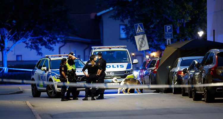 Poliser undersöker en gata som är avspärrad.