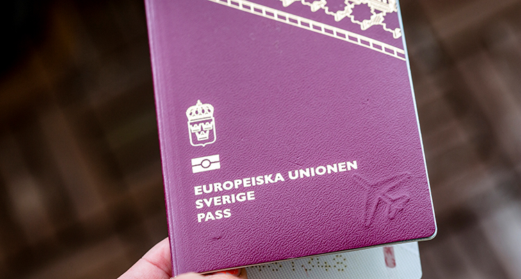 En hand håller i ett svenskt pass.