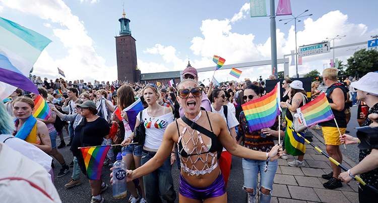 Många människor går i paraden. De har flaggor. Statshuset syns i bakgrunden.