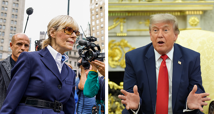 Två bilder. En på Carroll utomhus. En på Trump på sitt kontor.